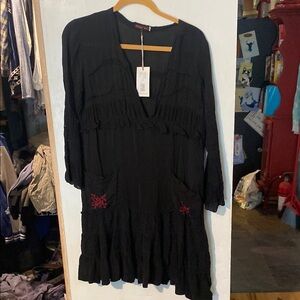 Johnny Was Black Long Sleeve Dress with Red Embroidery S. NWT